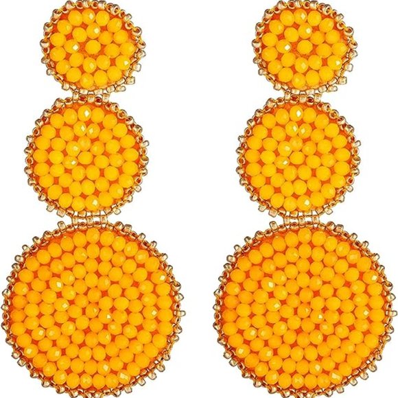 Marigold Yellow Beaded Triple Tier Earrings Big Bohemian Festival Statement New - Picture 2 of 9